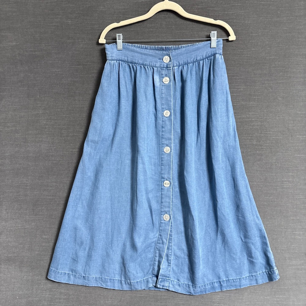 Vintage Skirt Medium Blue Chambray Button Front Midi A Line 80s 90s Cottage